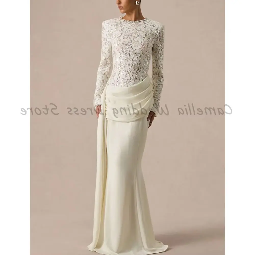Ivory Lace Long Sleeve Mermaid Evening Dress 2026 Beaded Sequins Ruched Draped Maxi Formal Party Gown For Women
Ivory Lace Long Sleeve Mermaid Evening Dress 2026 Beaded Sequins Ruched Draped Maxi Formal Party Gown For Women