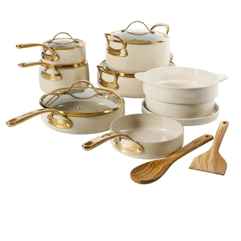 15 Piece Pots and Pans Heavy Duty Aluminum Premium PFA Ceramic Nonstick Cookware Set - Almond/Gold Handle
15 Piece Pots and Pans Heavy Duty Aluminum Premium PFA Ceramic Nonstick Cookware Set - Almond/Gold Handle