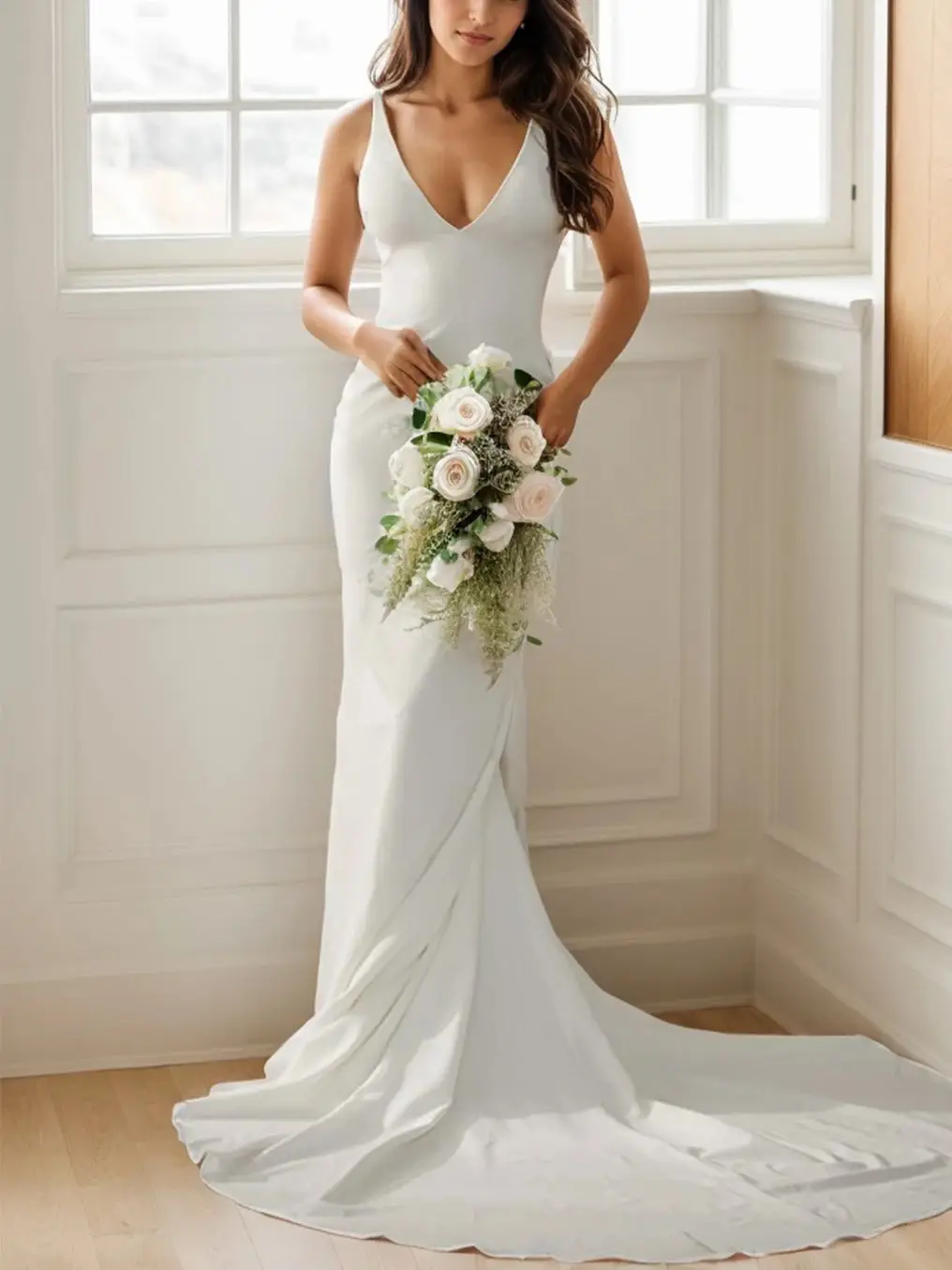 Elegant Sheath Wedding Dress Sleeveless V-Neck Sequins Appliques Court Train Stretch Crepe Bridal Gown 2025 free customized
Elegant Sheath Wedding Dress Sleeveless V-Neck Sequins Appliques Court Train Stretch Crepe Bridal Gown 2025 free customized