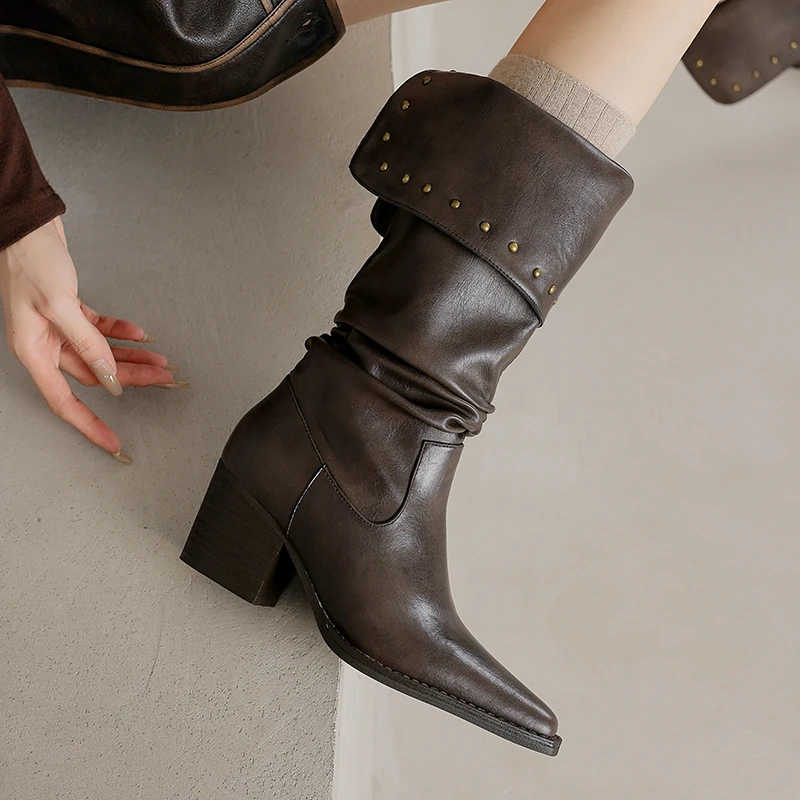 Women's Edgy Effortlessly Chic Runway Mid-Calf Boots-Handcrafted Genuine Leather,Pointed Toe Wide Shaft Rivet Accents Block Heel
Women's Edgy Effortlessly Chic Runway Mid-Calf Boots-Handcrafted Genuine Leather,Pointed Toe Wide Shaft Rivet Accents Block Heel