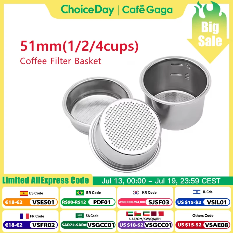 51mm 1/2/4 Cups Stainless Steel Replacement Filter Basket for Coffee Bottomless Portafilter Delonghi Espresso Machine Parts
51mm 1/2/4 Cups Stainless Steel Replacement Filter Basket for Coffee Bottomless Portafilter Delonghi Espresso Machine Parts