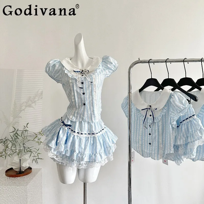 Girl Sweet Fashion Lolita 2 Piece Sets Women Bow Shirt Blouse Tops Cake Skirt Two Piece Outfit Femininos Elegant Suits
Girl Sweet Fashion Lolita 2 Piece Sets Women Bow Shirt Blouse Tops Cake Skirt Two Piece Outfit Femininos Elegant Suits