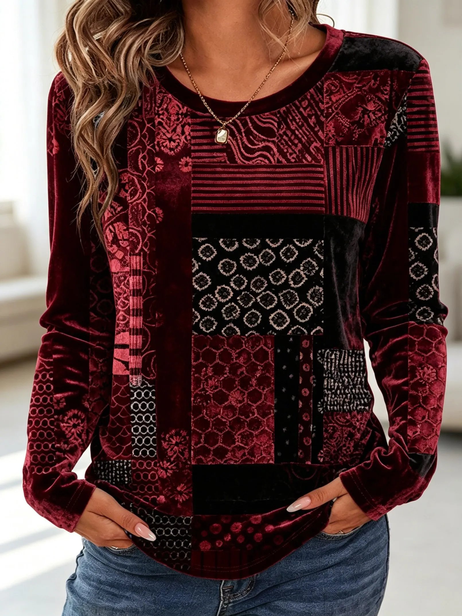 Women's Long Sleeve Crew Neck Patchwork Geometric Print Casual T-Shirt, Regular Tops for Spring Summer Daily Weekend Wear
Women's Long Sleeve Crew Neck Patchwork Geometric Print Casual T-Shirt, Regular Tops for Spring Summer Daily Weekend Wear