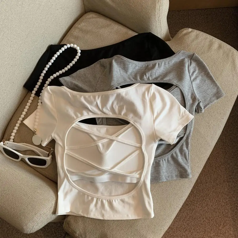 Women T-shirt Stylish Women's Square Collar Tee Shirt with Hollow Back Detail Slim Fit Solid Color Crop Top for Daily Wear Round
Women T-shirt Stylish Women's Square Collar Tee Shirt with Hollow Back Detail Slim Fit Solid Color Crop Top for Daily Wear Round