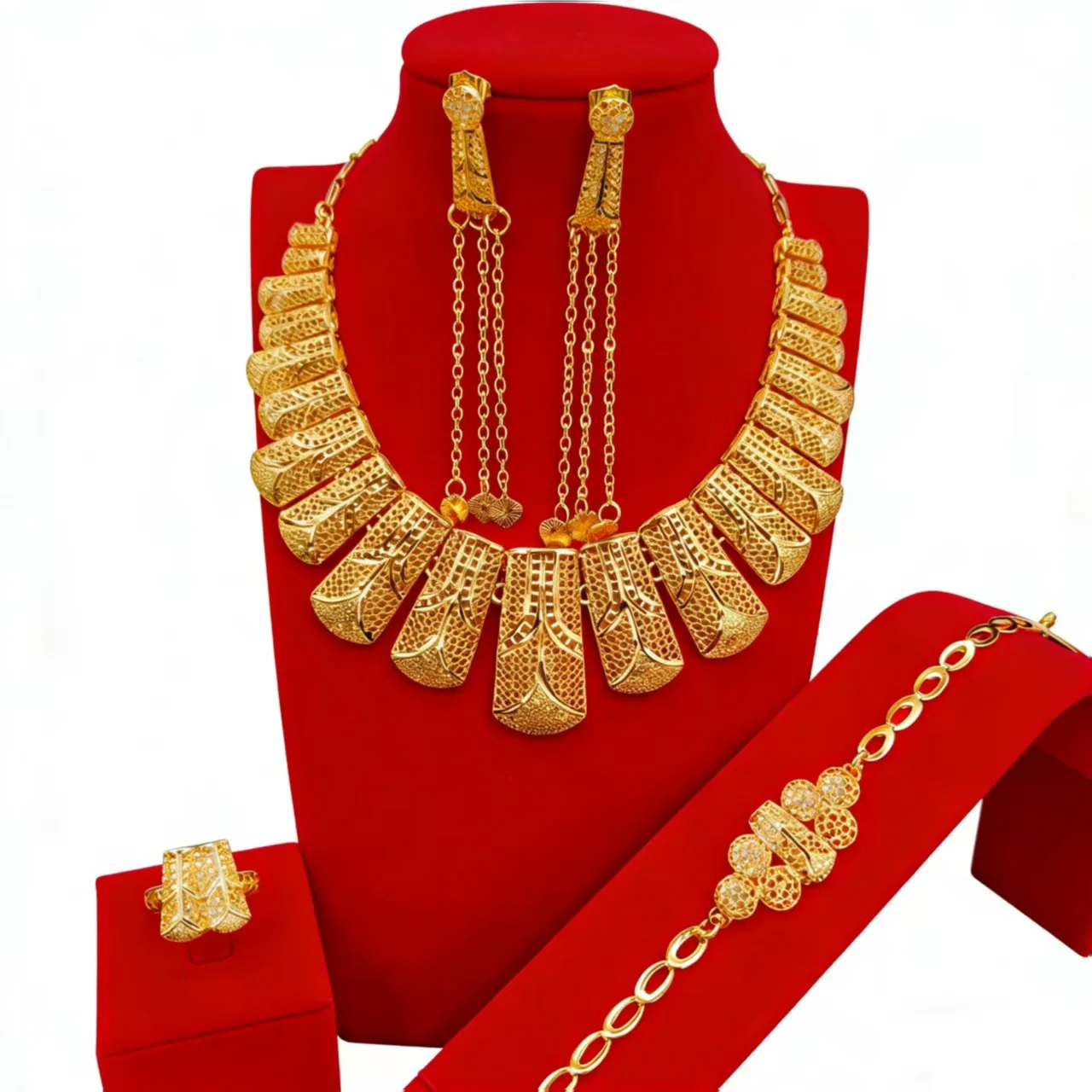 New Fashion Dubai France 24K Gold Plated Necklace Earrings Rings Bracelets Exquisite Wedding Party Party Jewelry Set for Lovers
New Fashion Dubai France 24K Gold Plated Necklace Earrings Rings Bracelets Exquisite Wedding Party Party Jewelry Set for Lovers