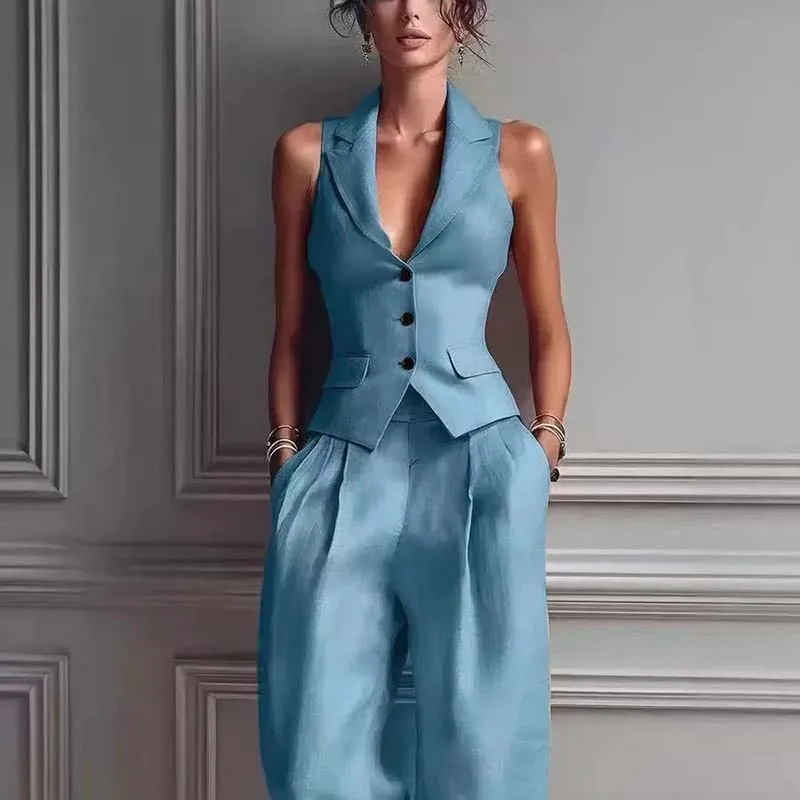 Women's 2 Piece Solid Blazer Sets Casual Sleeveless Vest Wide Leg Pants Formal Workwear Outfit Spring Single Breasted Lapel Suit
Women's 2 Piece Solid Blazer Sets Casual Sleeveless Vest Wide Leg Pants Formal Workwear Outfit Spring Single Breasted Lapel Suit