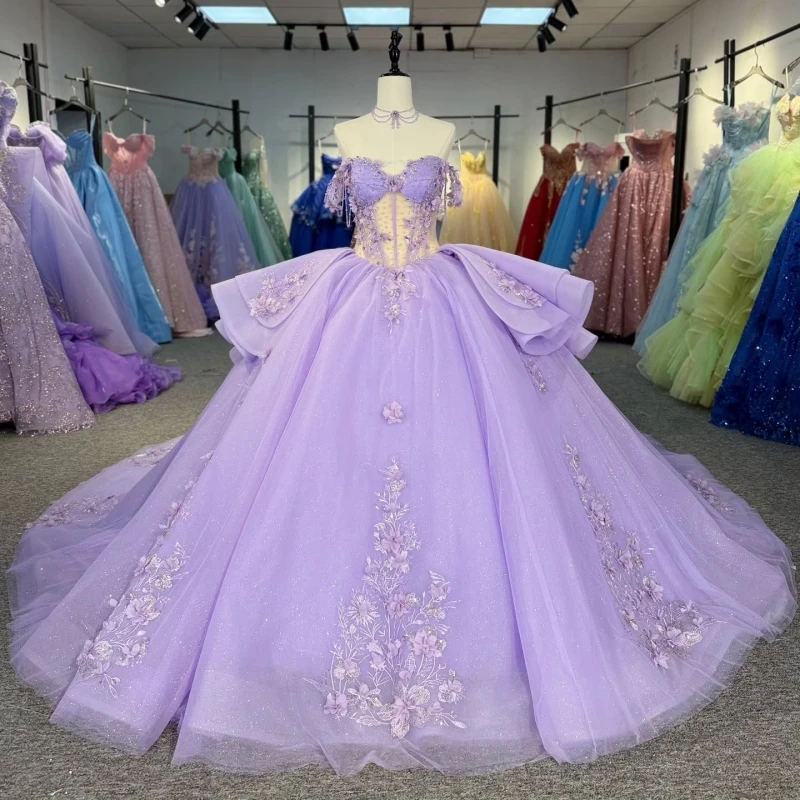 Lavender Shiny Quinceanera Dresses Ball Gown Off The Shoulder Applique Flower Beading Crystal Tull Corset Sweet 16 Dress Vestido
Lavender Shiny Quinceanera Dresses Ball Gown Off The Shoulder Applique Flower Beading Crystal Tull Corset Sweet 16 Dress Vestido