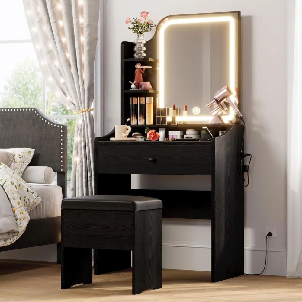Small Makeup Vanity Desk with Mirror and Lights, Vanity Table Set with Storage Drawer, Chair and Three Shelves, Bedroom, Black
Small Makeup Vanity Desk with Mirror and Lights, Vanity Table Set with Storage Drawer, Chair and Three Shelves, Bedroom, Black