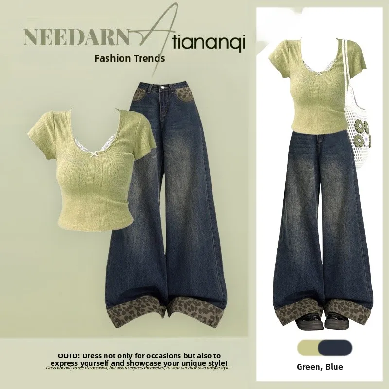 Summer New Pure Desire Sweet Lace Slimming T-Shirt Top with High Waist Straight Leg Jeans Two Piece Set Women's Fashion Ensemble
Summer New Pure Desire Sweet Lace Slimming T-Shirt Top with High Waist Straight Leg Jeans Two Piece Set Women's Fashion Ensemble