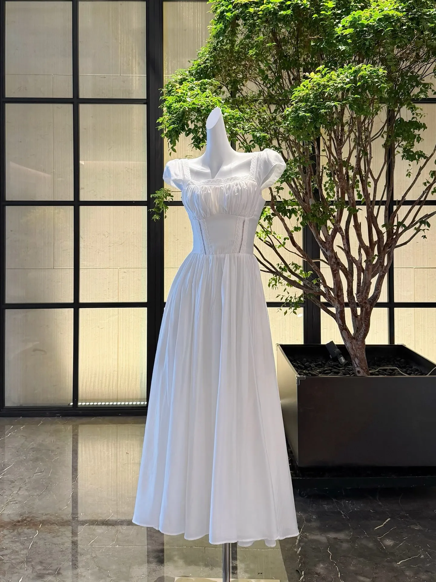 Back Bow Decoration Women White Dress Lace Hollow Out High Waist Square Collar Short Sleeve Casual Female Cotton Robe
Back Bow Decoration Women White Dress Lace Hollow Out High Waist Square Collar Short Sleeve Casual Female Cotton Robe