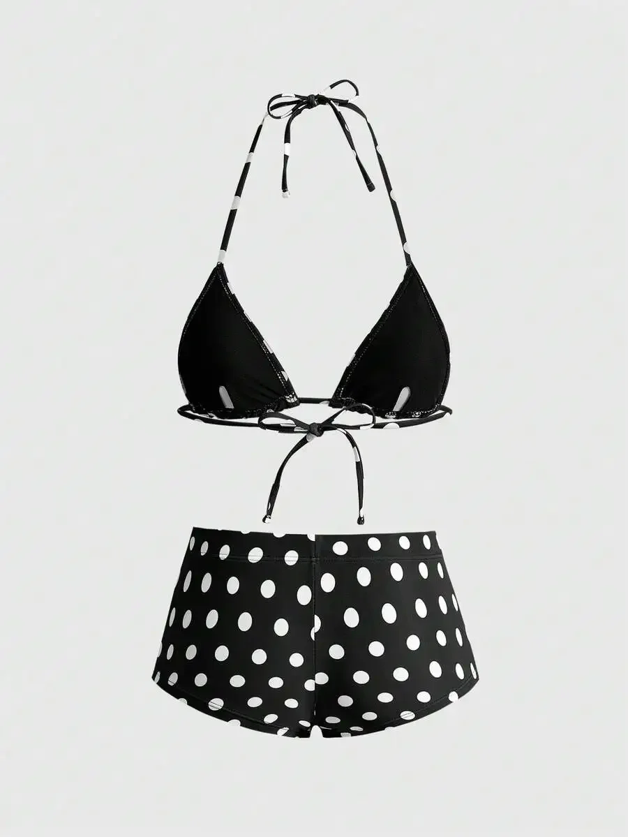 Black Polka Dot Print Halter Tie Backless Bikini Set For Beach Pool Party
Black Polka Dot Print Halter Tie Backless Bikini Set For Beach Pool Party