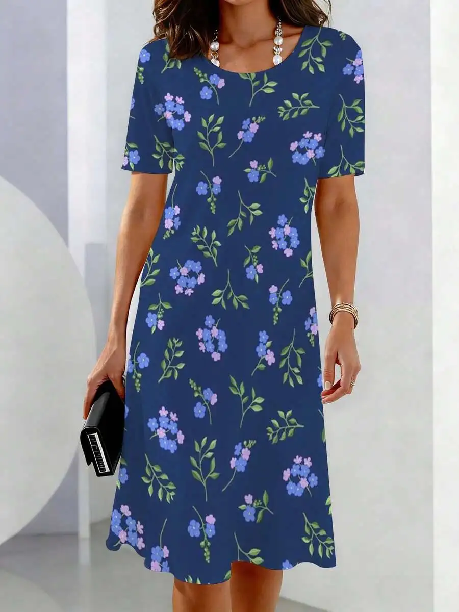 Womens Casual Blue Floral Print Short Sleeve Crew Neck Dress With Purple And Light Blue Flowers
Womens Casual Blue Floral Print Short Sleeve Crew Neck Dress With Purple And Light Blue Flowers