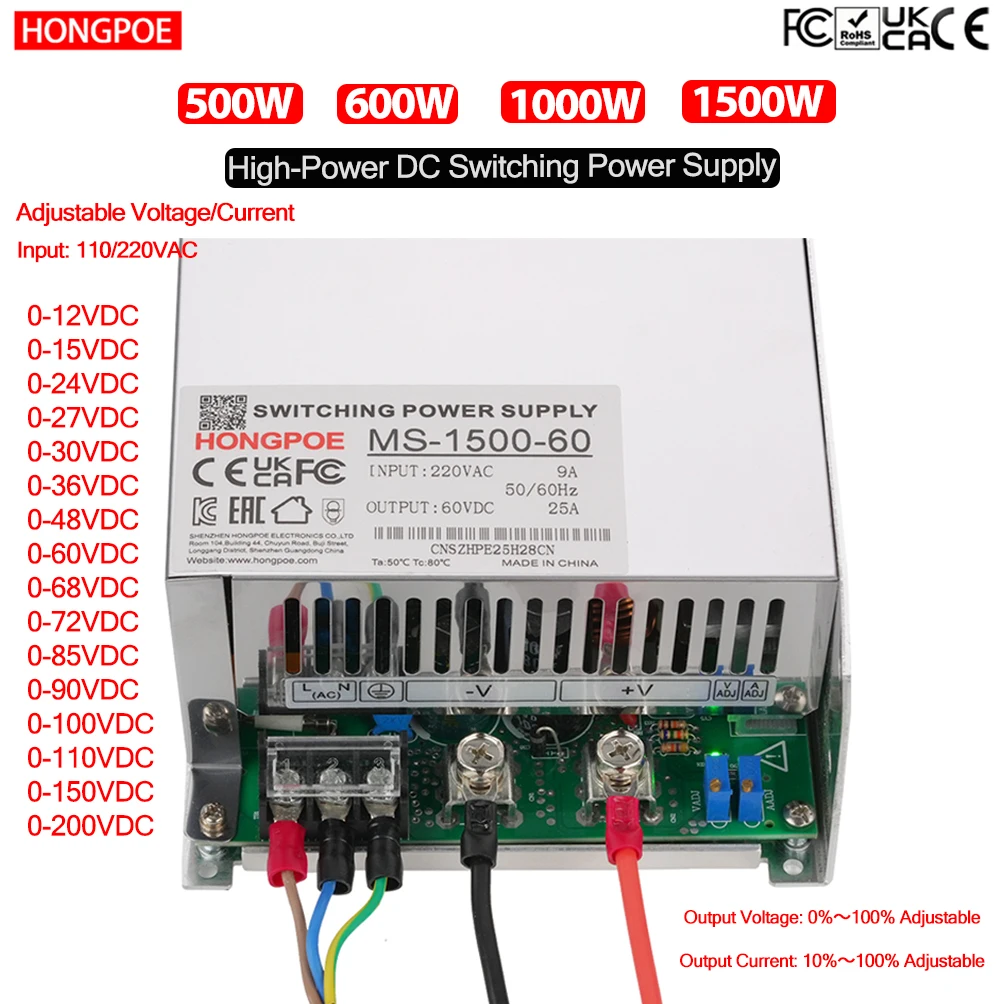CE Switching Power Supply 500/600/1000/1500W 0-200VAdjustable Voltage/Current 110/220VAC Input for LED CCTV 3D Printers TV Motor
CE Switching Power Supply 500/600/1000/1500W 0-200VAdjustable Voltage/Current 110/220VAC Input for LED CCTV 3D Printers TV Motor