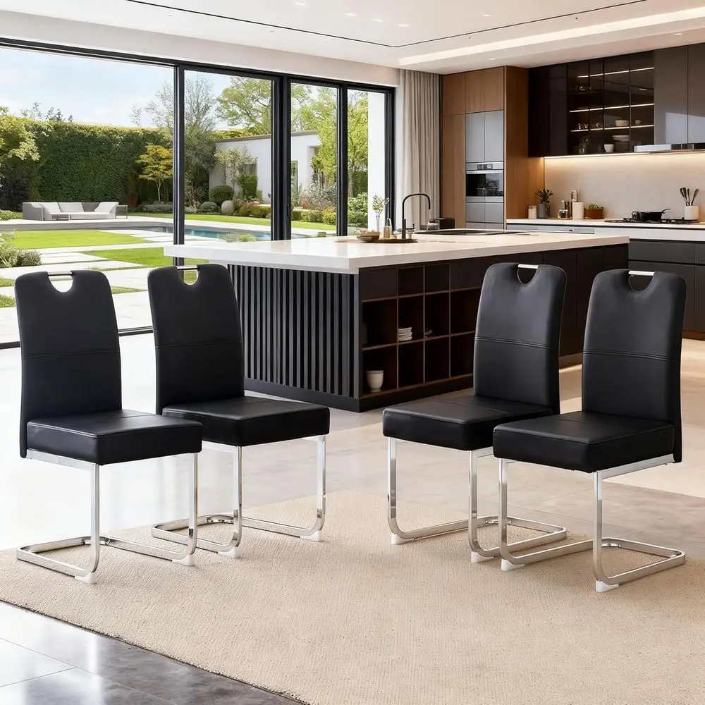 Set of 4 Black Leather Padded Dining Chairs with Silver Legs and Thick Cushions for Kitchen or Office
Set of 4 Black Leather Padded Dining Chairs with Silver Legs and Thick Cushions for Kitchen or Office