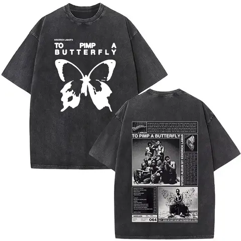 Kendrick Lamar To Pimp A Butterfly Graphic Vintage Washed T-shirts Men Fashion Hip Hop Retro Short Sleeve T Shirt Streetwear