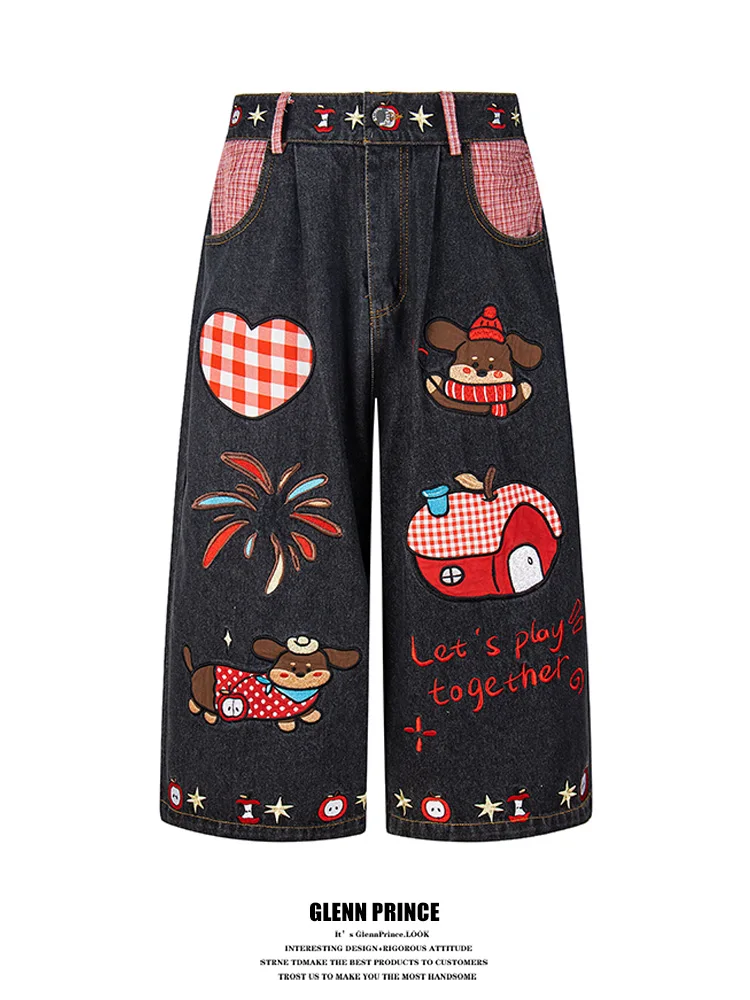 GPstudio American Style Fun Sausage Dog Embroidered Denim Shorts Men Summer Loose Wide Leg Seven-Foot-Pants Casual Jeans
GPstudio American Style Fun Sausage Dog Embroidered Denim Shorts Men Summer Loose Wide Leg Seven-Foot-Pants Casual Jeans