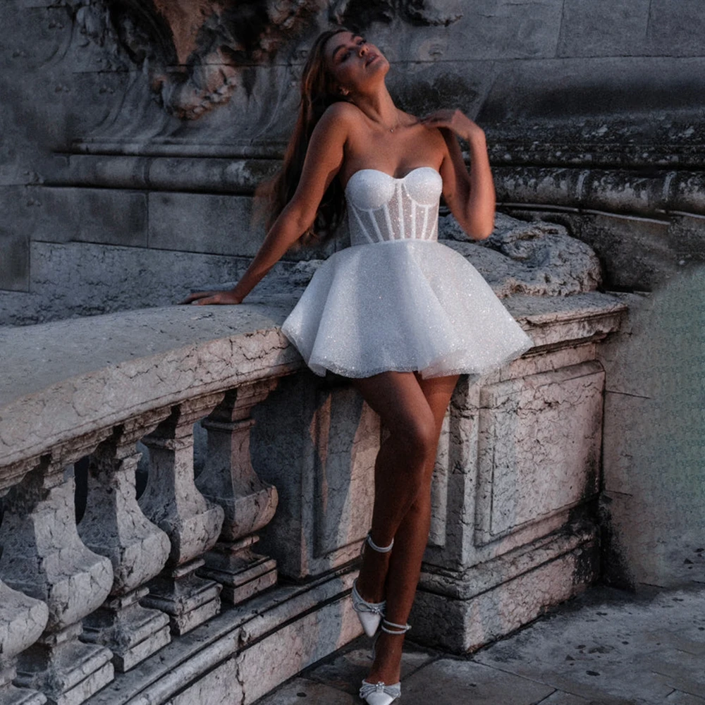 Boho Sweetheart Collar Sequins Shiny High Quality Wedding Gown Short Mini Puffy Bridal Dress Custom Made Vestidos de novai
Boho Sweetheart Collar Sequins Shiny High Quality Wedding Gown Short Mini Puffy Bridal Dress Custom Made Vestidos de novai