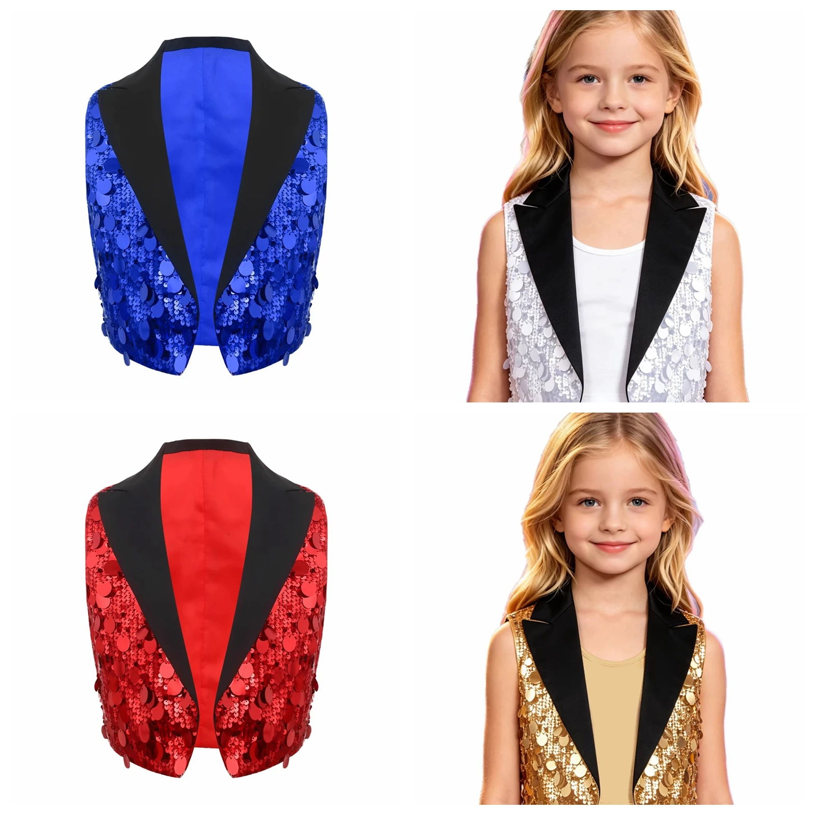 Kids Sequined Vests Waistcoat Lapel V Neck Sleeveless Open Front Vest Crop Top for Stage Party Children Jazz Dance Party Costume
Kids Sequined Vests Waistcoat Lapel V Neck Sleeveless Open Front Vest Crop Top for Stage Party Children Jazz Dance Party Costume