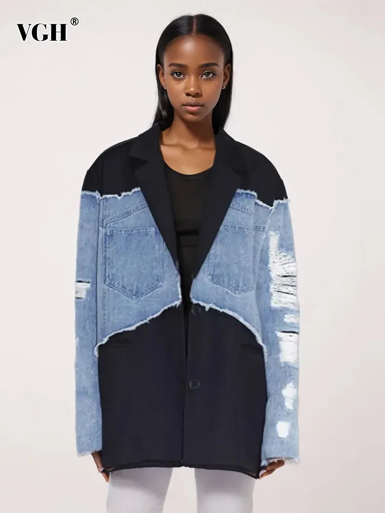 VGH Hit Color Patchwork Pockets Denim Coats For Women Notched Collar Long Sleeve Spliced Button Hollow Out Jackets Female New
VGH Hit Color Patchwork Pockets Denim Coats For Women Notched Collar Long Sleeve Spliced Button Hollow Out Jackets Female New