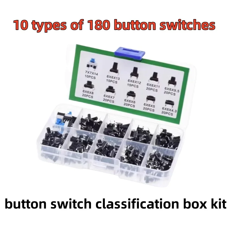 180PCS Button Switches 10 Types Direct Insertion Touch Switch 6*6mm 7*7mm Classification Box Kit for Electronics
180PCS Button Switches 10 Types Direct Insertion Touch Switch 6*6mm 7*7mm Classification Box Kit for Electronics