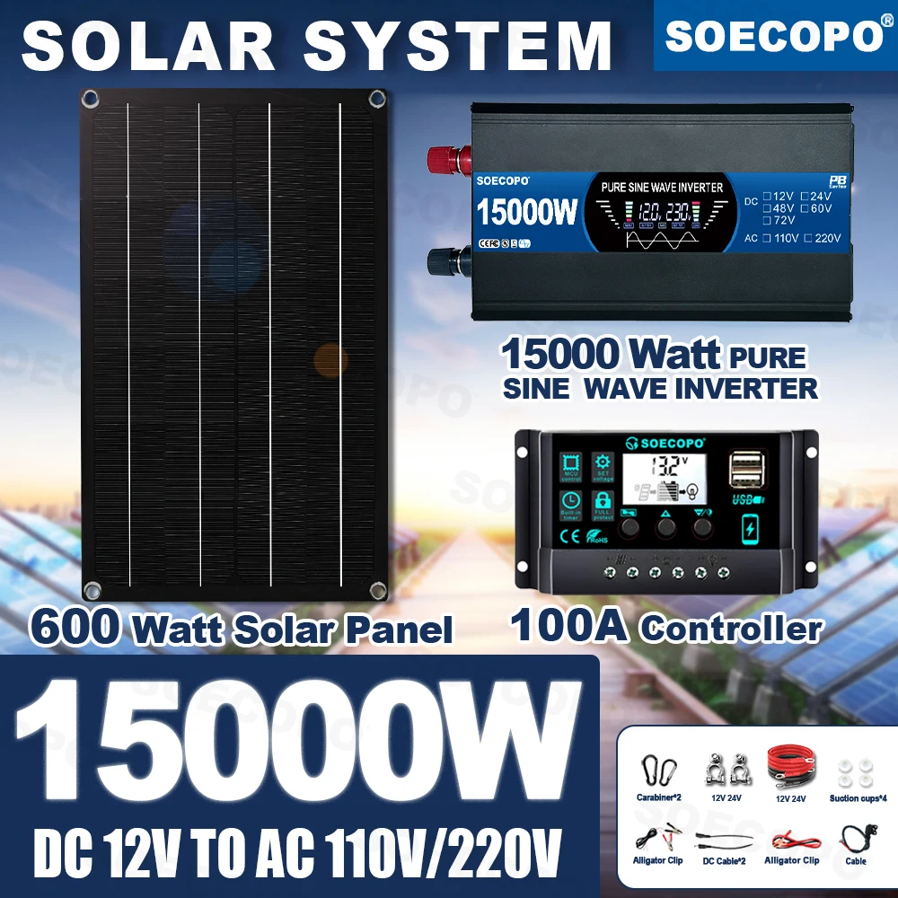 Clean Power 15000W Peak Solar System Kit 110V 220V Pure Sine Wave Inverter 600 Panel 100A Controller for fishing garden Off Grid
Clean Power 15000W Peak Solar System Kit 110V 220V Pure Sine Wave Inverter 600 Panel 100A Controller for fishing garden Off Grid