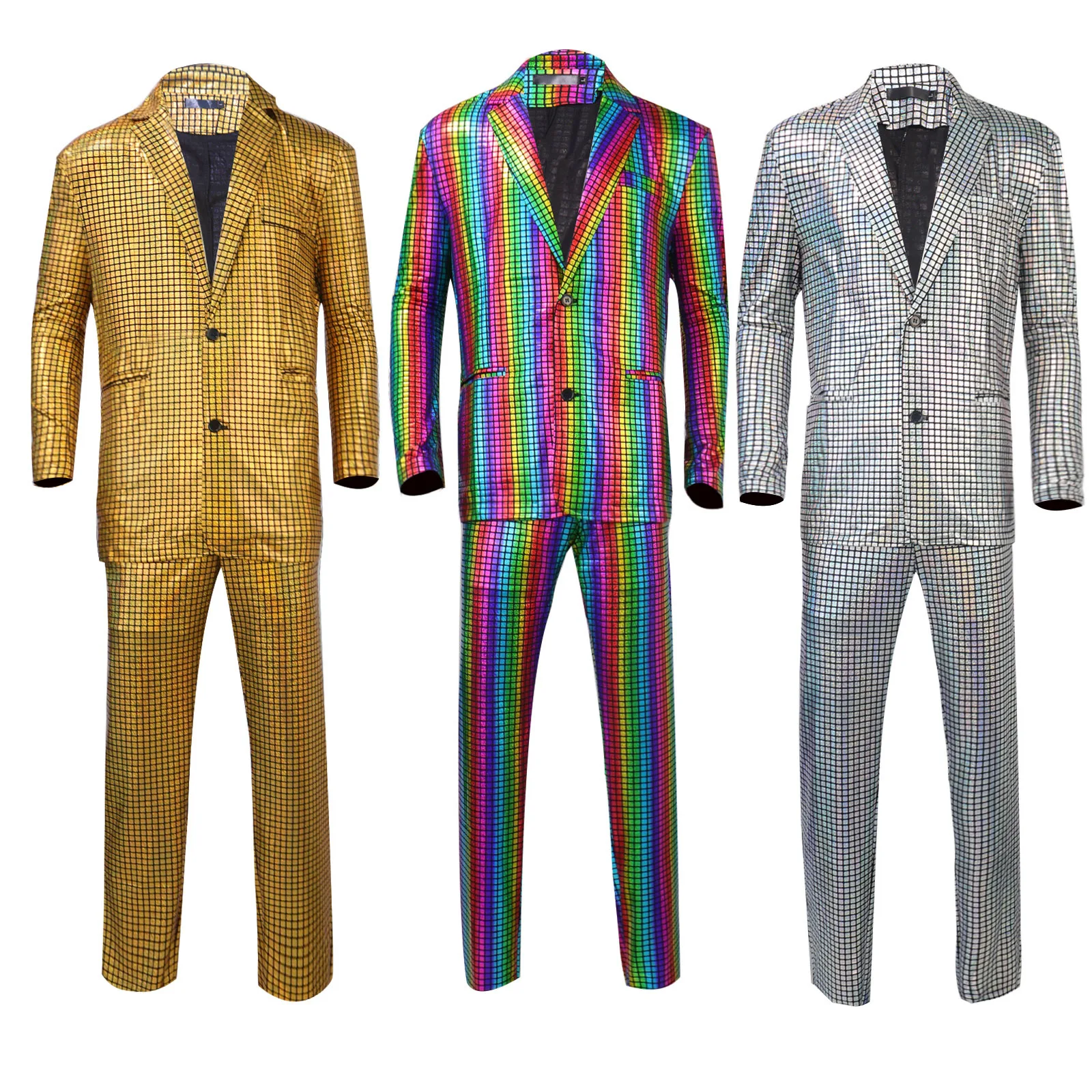 Rainbow Checkered, Gold And Silver, Gilded Process, Cool Stage And Nightclub Performance, Shiny Two-piece Suit.
Rainbow Checkered, Gold And Silver, Gilded Process, Cool Stage And Nightclub Performance, Shiny Two-piece Suit.