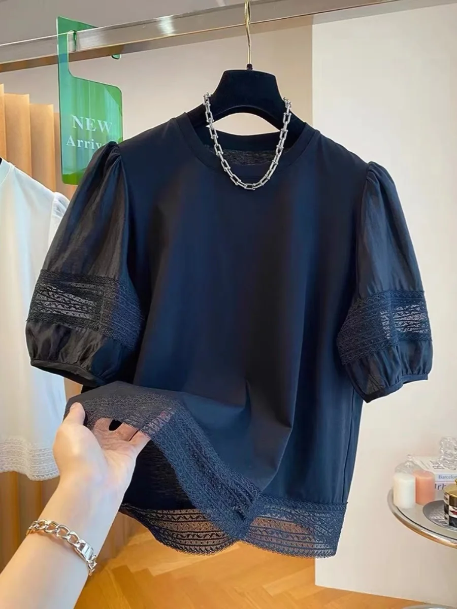 Stunning Lace Bubble Sleeve Short Sleeve T-Shirt Women's Loose Base Shirt Beautiful Fashionable round Neck Top
Stunning Lace Bubble Sleeve Short Sleeve T-Shirt Women's Loose Base Shirt Beautiful Fashionable round Neck Top