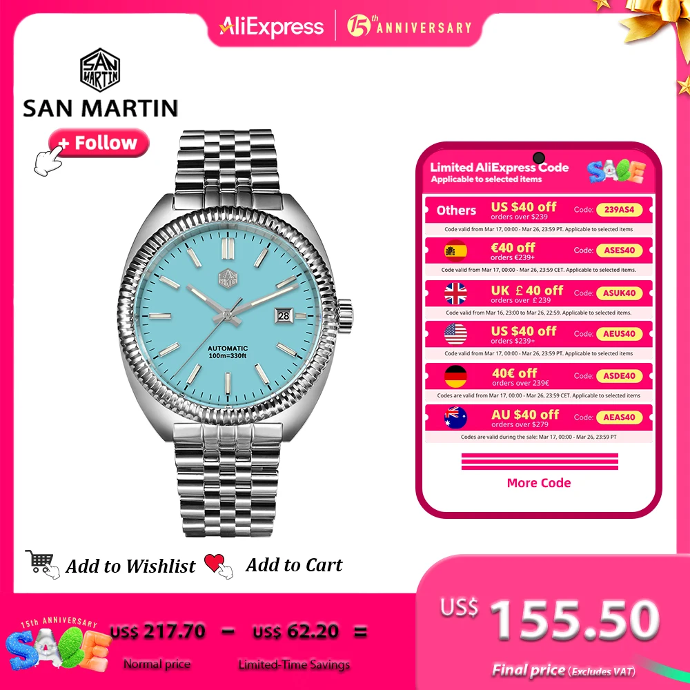 San Martin 40mm YN55 Men Watch Enamel Dial Curved Bezel Stainless Steel Sapphire Automatic Mechanical Luminous Waterproof SN0069
San Martin 40mm YN55 Men Watch Enamel Dial Curved Bezel Stainless Steel Sapphire Automatic Mechanical Luminous Waterproof SN0069