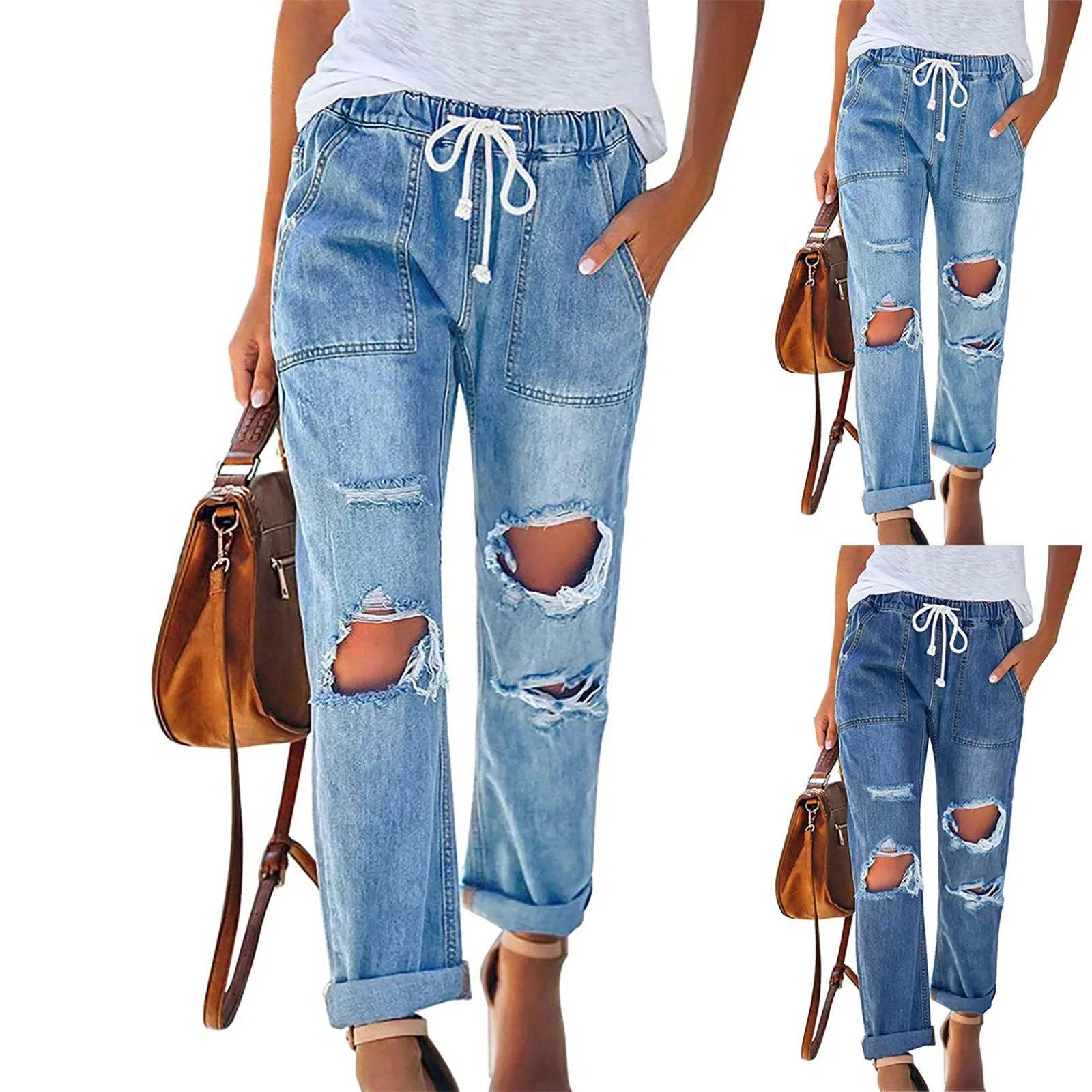 Elastic Waist Drawstring Casual Jeans. New Fashionable Washed Ripped Slimming Mid-waist Jeans for Women in Spring and Summer
Elastic Waist Drawstring Casual Jeans. New Fashionable Washed Ripped Slimming Mid-waist Jeans for Women in Spring and Summer