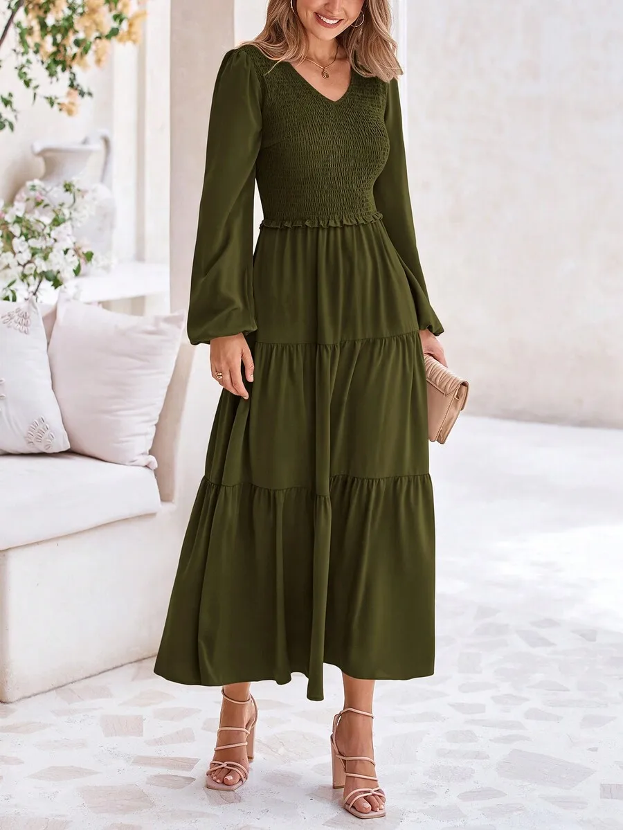 Womens Olive Green V-Neck Long Sleeve Tiered A-Line Midi Dress Casual Elegant
Womens Olive Green V-Neck Long Sleeve Tiered A-Line Midi Dress Casual Elegant