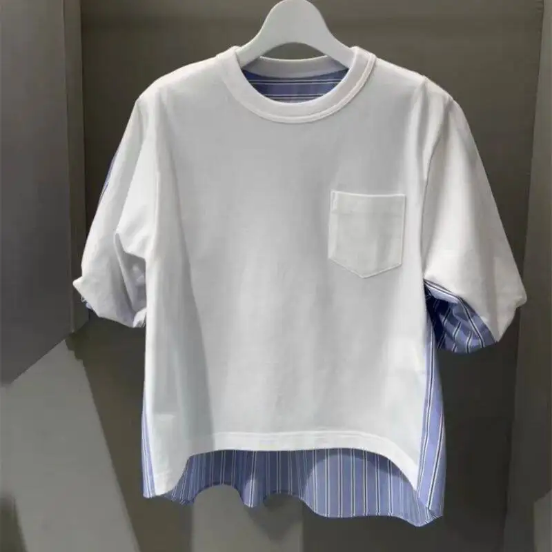 SAC 25 Summer Splicing Two-Color Striped T-Shirt Loose Crew Neck Bubble Sleeves Short Sleeves
SAC 25 Summer Splicing Two-Color Striped T-Shirt Loose Crew Neck Bubble Sleeves Short Sleeves