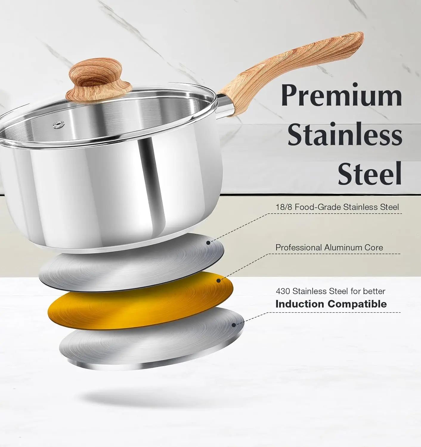 Stainless Steel Saucepan Set, 6 Piece Sauce Pan Set 1QT & 2QT & 3QT with Heat-resistant Bakelite Handle, Cool-Touch Pot Set
Stainless Steel Saucepan Set, 6 Piece Sauce Pan Set 1QT & 2QT & 3QT with Heat-resistant Bakelite Handle, Cool-Touch Pot Set