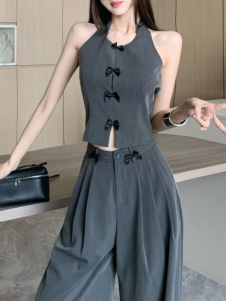 Summer fashionable bow tie suit vest top high waisted wide leg pants women's commute causal slimming two-piece set
Summer fashionable bow tie suit vest top high waisted wide leg pants women's commute causal slimming two-piece set