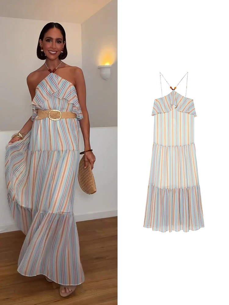 ZHIO Women Striped Halter Sexy Maxi Dress Elegant Off-shoulder Sleeveless Backless Patchwork Chic Holiday Beach Ruffled Dress
ZHIO Women Striped Halter Sexy Maxi Dress Elegant Off-shoulder Sleeveless Backless Patchwork Chic Holiday Beach Ruffled Dress