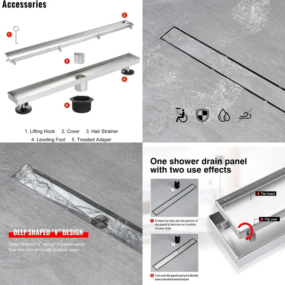 36 2-in-1 Tile Insert Linear Shower Drain with Adjustable Leveling Feet and Hair Strainer in Brushed Stainless Steel
36 2-in-1 Tile Insert Linear Shower Drain with Adjustable Leveling Feet and Hair Strainer in Brushed Stainless Steel