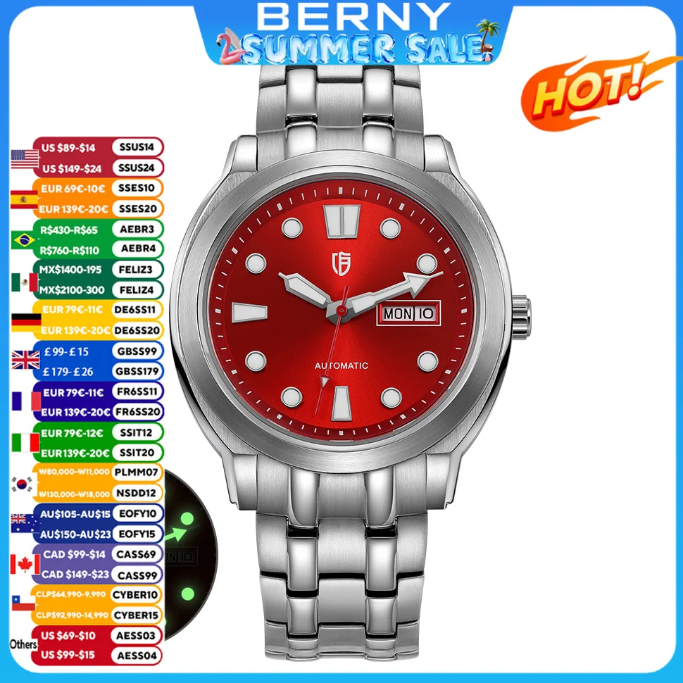 BERNY Automatic Men Watch Supper Luminous Sapphire Stainless Steel 100M Waterproof Business Casual Mechanical Wristwatch for Men
BERNY Automatic Men Watch Supper Luminous Sapphire Stainless Steel 100M Waterproof Business Casual Mechanical Wristwatch for Men