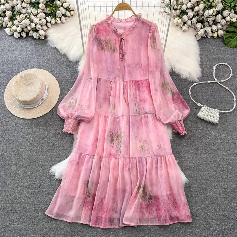 Spring Autumn Women Chiffon Dress Korean Gentle Wind Lantern Sleeve V-Neck Loose A-Line Printed Elegant Maxi Sweet Dress Z3473
Spring Autumn Women Chiffon Dress Korean Gentle Wind Lantern Sleeve V-Neck Loose A-Line Printed Elegant Maxi Sweet Dress Z3473