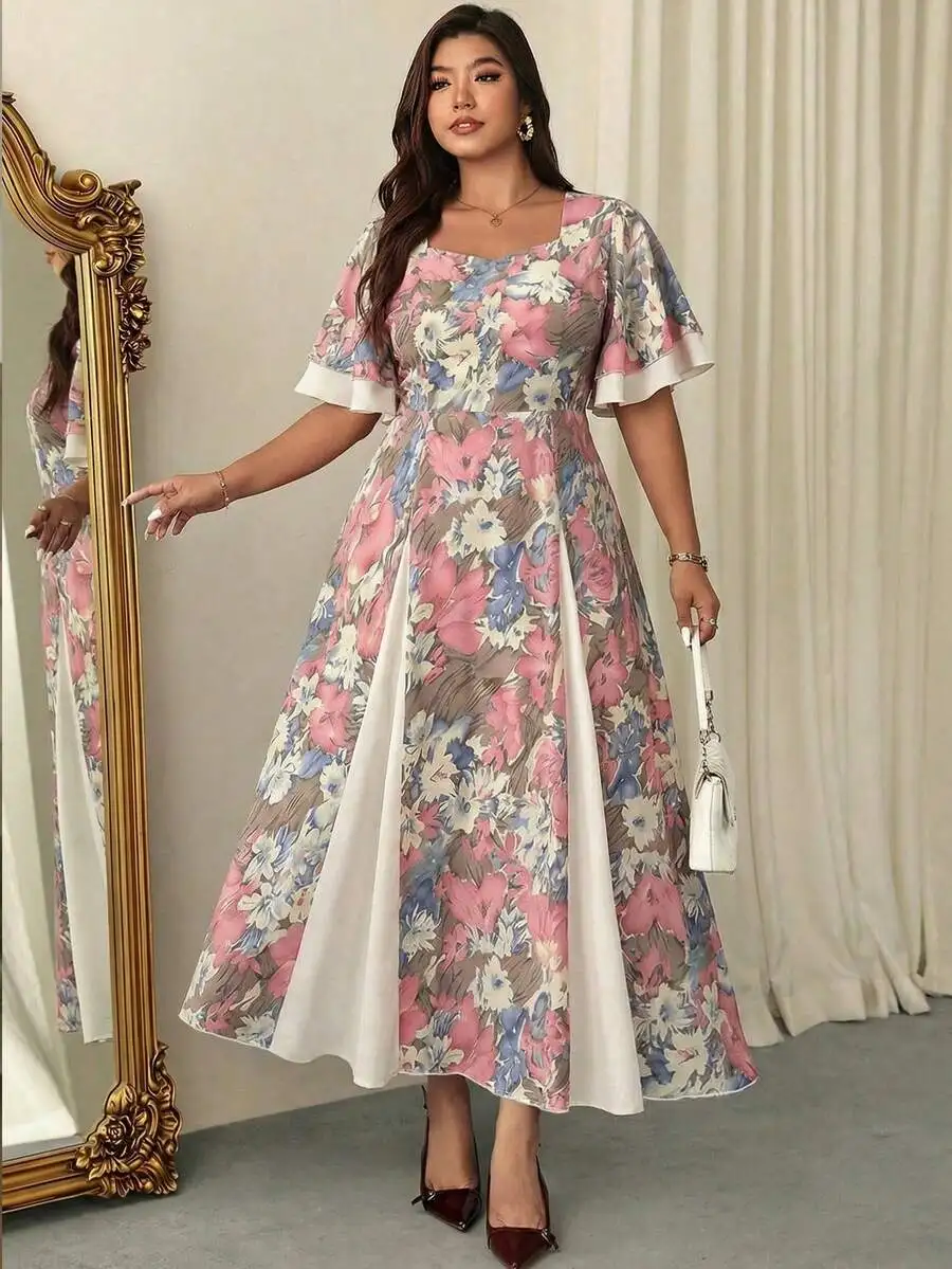 Plus Size Floral Print Square Neck Flutter Sleeve A-Line Dress With White Splicing
Plus Size Floral Print Square Neck Flutter Sleeve A-Line Dress With White Splicing