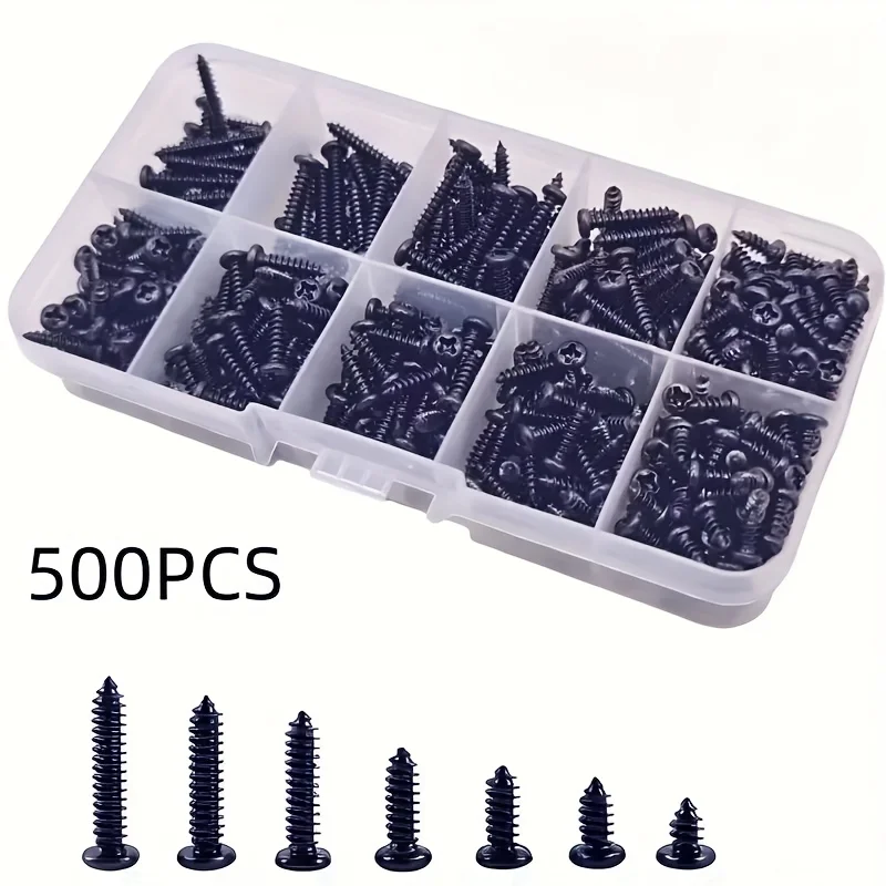 500pcs M3 Screws Black Self Tapping Screws Pan Head Cross Self Drilling Wood Screw Assortment Kit Carbon Steel Screws
500pcs M3 Screws Black Self Tapping Screws Pan Head Cross Self Drilling Wood Screw Assortment Kit Carbon Steel Screws