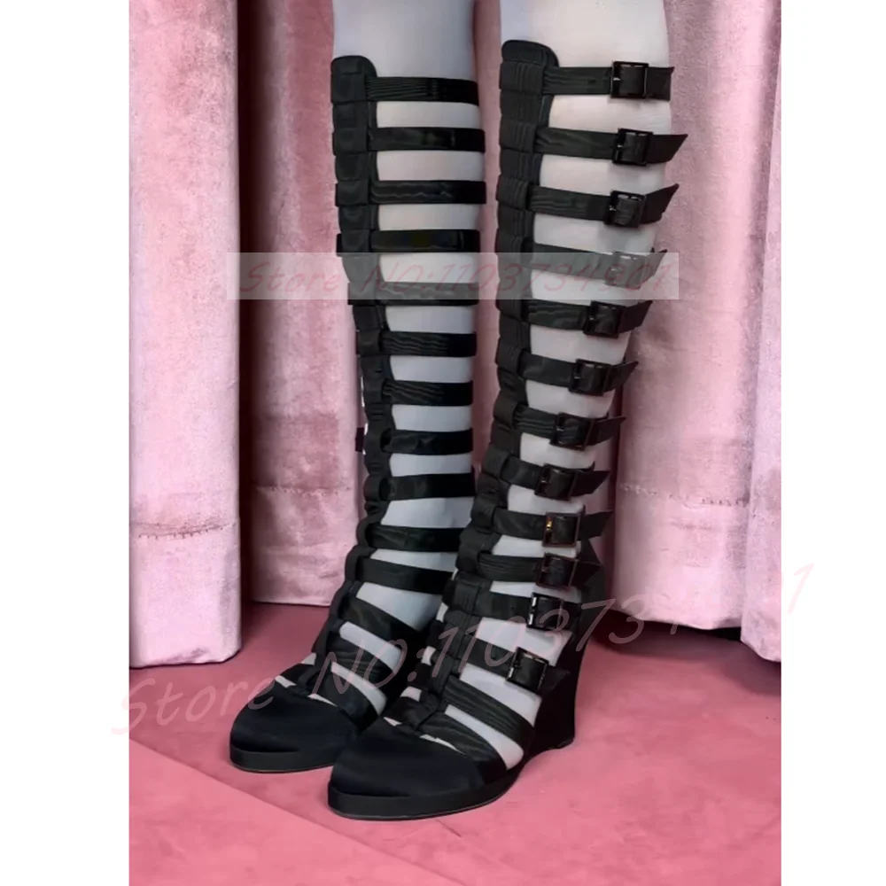 Wedge Heels Multiple Strap Knee Boots Women Gladiator Buckle Black Satin Round Toe High Heels Shoes Girls Hollow Summer Boots
Wedge Heels Multiple Strap Knee Boots Women Gladiator Buckle Black Satin Round Toe High Heels Shoes Girls Hollow Summer Boots