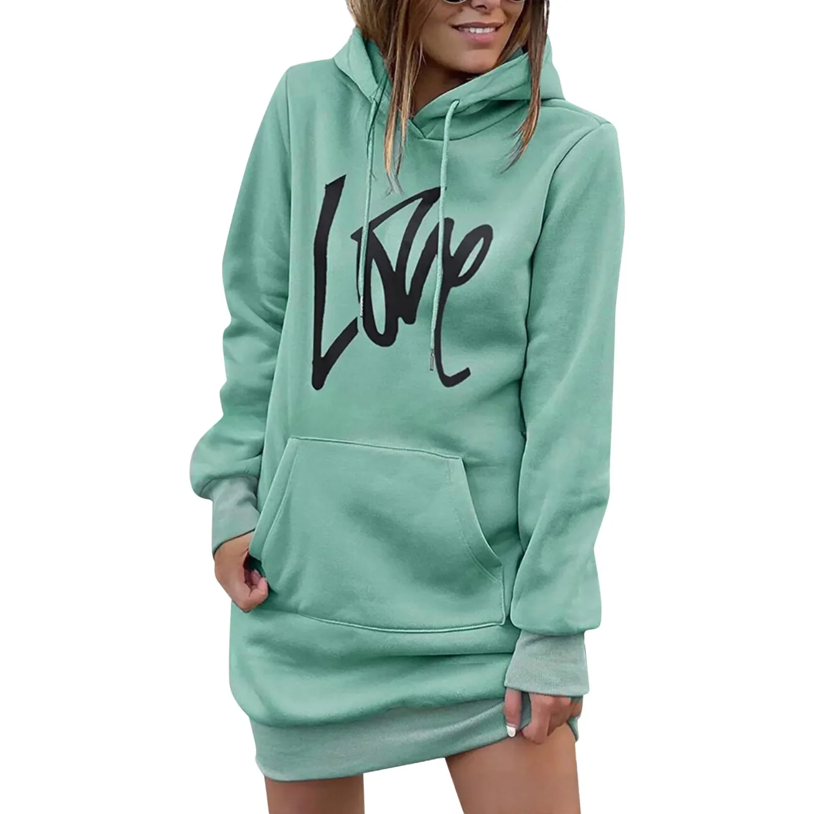Letter Print Green Hooded Long-sleeve Drawstring Casual Hoodie Dress Streetwear Female Clothing Autumn Winter Vestidos Robe
Letter Print Green Hooded Long-sleeve Drawstring Casual Hoodie Dress Streetwear Female Clothing Autumn Winter Vestidos Robe