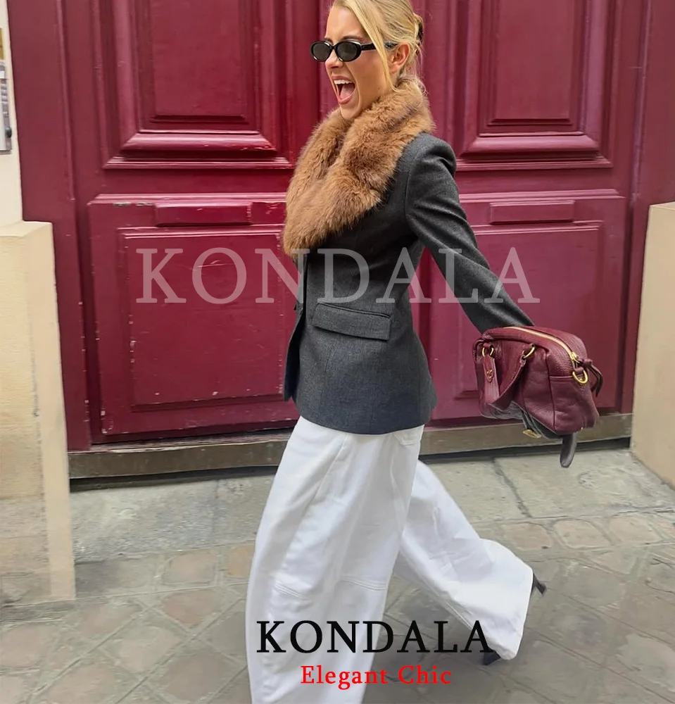 KONDALA High Street Party Тонкий женский элегантный тонкий пиджак с воротником из искусственного меха 2026 Весенне-осенний модный женский пиджак из искусственного меха
KONDALA High Street Party Тонкий женский элегантный тонкий пиджак с воротником из искусственного меха 2026 Весенне-осенний модный женский пиджак из искусственного меха