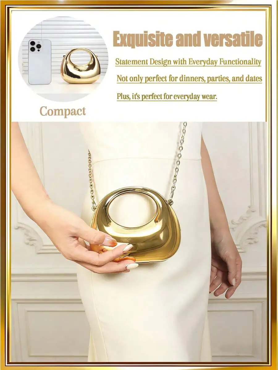 Gold-Tone Crescent Clutch With Chain Strap, Compact Mini Bag For Evening, Wedding, And Daily Use
Gold-Tone Crescent Clutch With Chain Strap, Compact Mini Bag For Evening, Wedding, And Daily Use