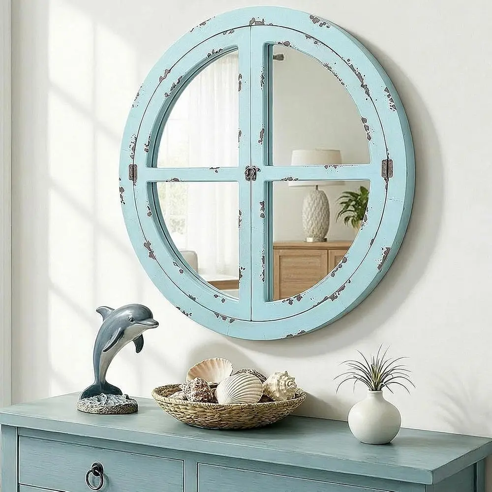 Круглое настенное зеркало цвета морской зелени с синей винтажной деревянной рамой под старину, идеально подходит для гостиной, прихожей или столовой.
Круглое настенное зеркало цвета морской зелени с синей винтажной деревянной рамой под старину, идеально подходит для гостиной, прихожей или столовой.