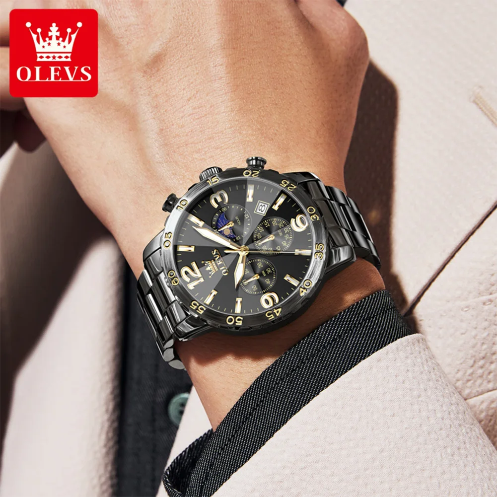 OLEVS Sports Black Stainless Steel Men Watch Moon Phase Luxury Night Glow Calendar Quartz Fashion Watch reloj hombre
OLEVS Sports Black Stainless Steel Men Watch Moon Phase Luxury Night Glow Calendar Quartz Fashion Watch reloj hombre