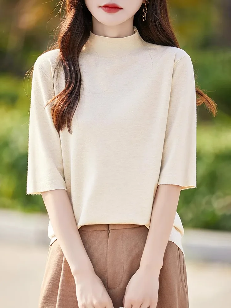 Spring Skin-Friendly Fce Knitted Top Women's Loose ort-Sve f-High Collar Single Color Slimming Versatile Base irt
Spring Skin-Friendly Fce Knitted Top Women's Loose ort-Sve f-High Collar Single Color Slimming Versatile Base irt