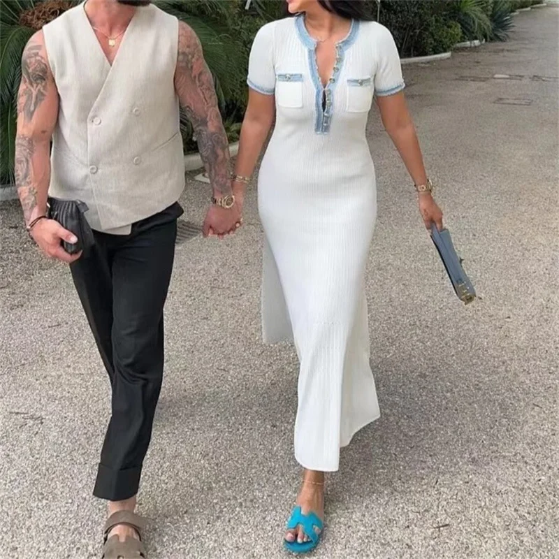 European and American cross-border women's clothing French high-end denim splicing short-sleeved slim dress design long skirt
European and American cross-border women's clothing French high-end denim splicing short-sleeved slim dress design long skirt