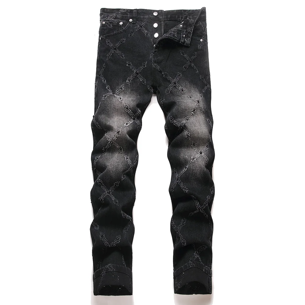 Men Pearl Denim Jeans Punk Black Ripped Distressed Pants Button Fly Loose Straight Trousers
Men Pearl Denim Jeans Punk Black Ripped Distressed Pants Button Fly Loose Straight Trousers