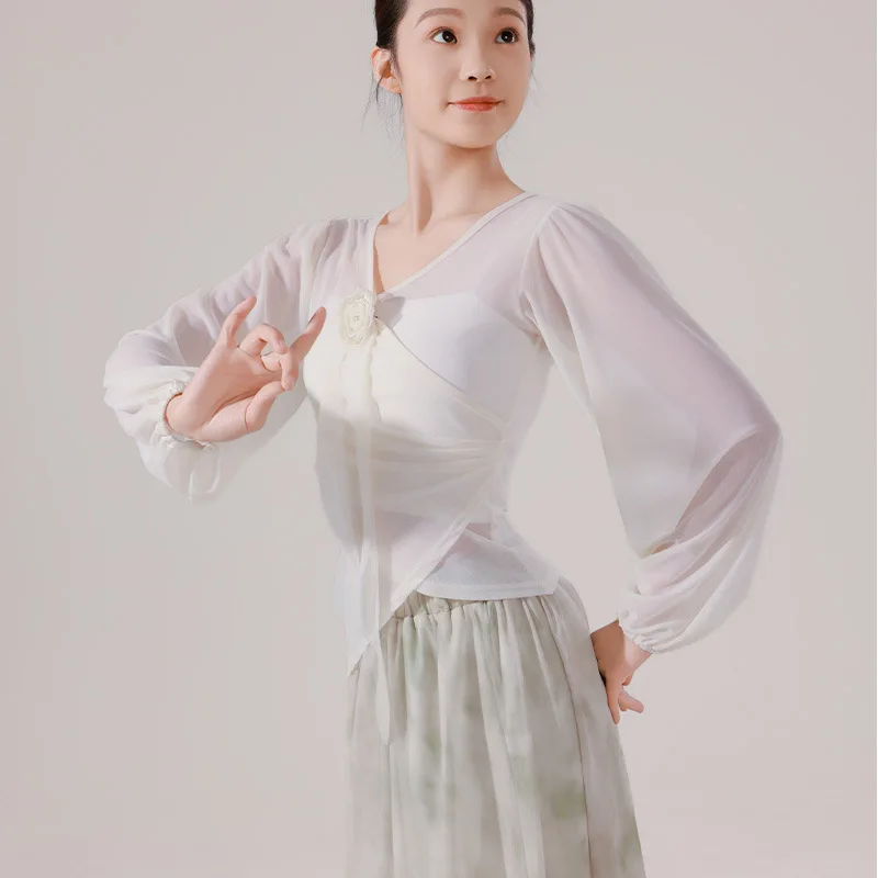 Classical dance suit adult female teacher slim and thin lantern sleeves flower gauze body practice dance top
Classical dance suit adult female teacher slim and thin lantern sleeves flower gauze body practice dance top