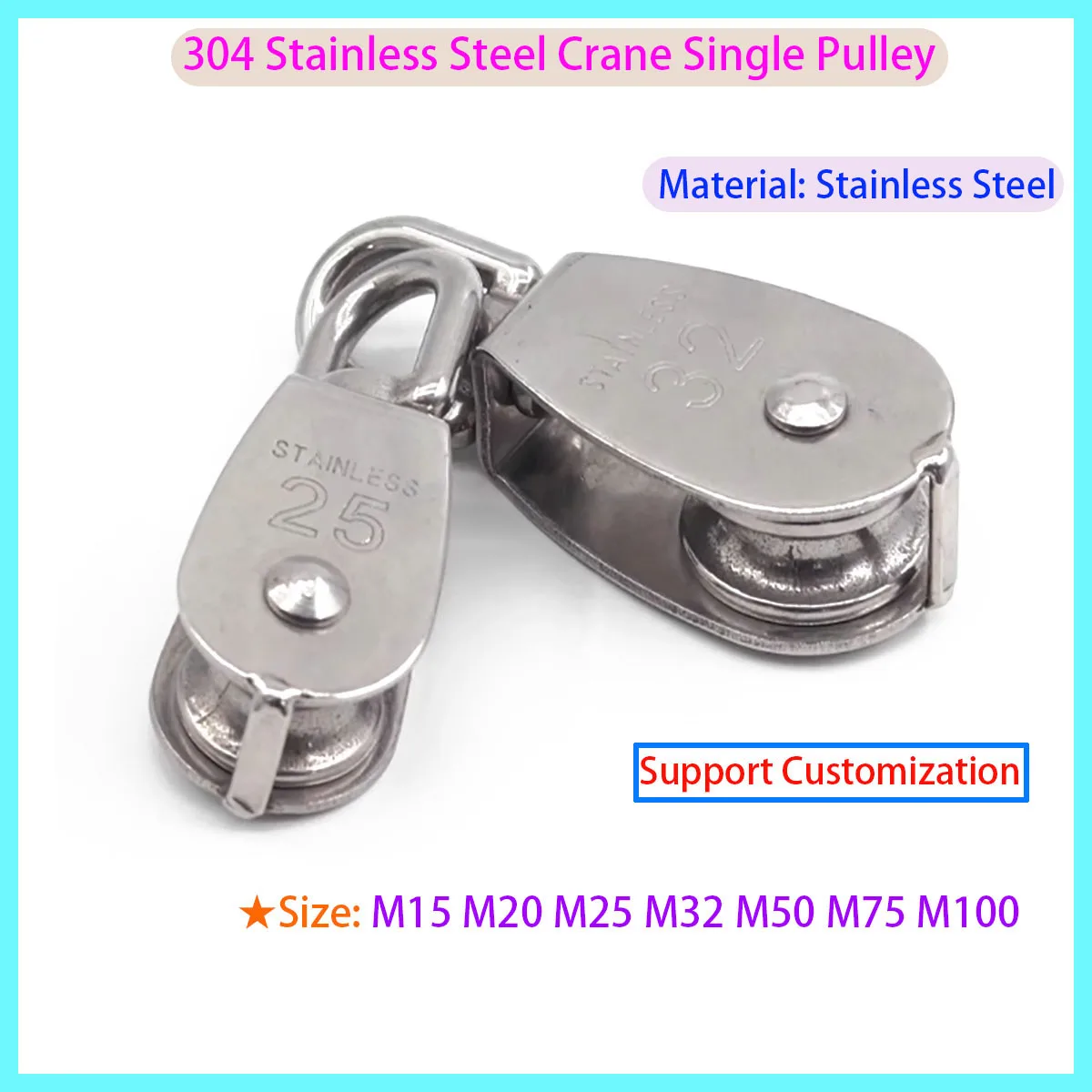 Stainless Steel Pulley Single Wheel Rotating Lifting Rope Pulley Tool M15/M20 M25 M32 M50 M75 M100
Stainless Steel Pulley Single Wheel Rotating Lifting Rope Pulley Tool M15/M20 M25 M32 M50 M75 M100